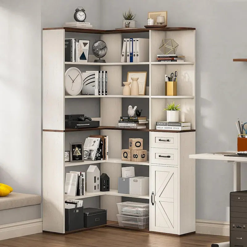 L-Shaped 7-Tier Corner Bookshelf with Cabinet and Drawers – Oak / Antique White, 1-Unit