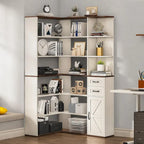 L-Shaped 7-Tier Corner Bookshelf with Cabinet and Drawers – Oak / Antique White, 1-Unit