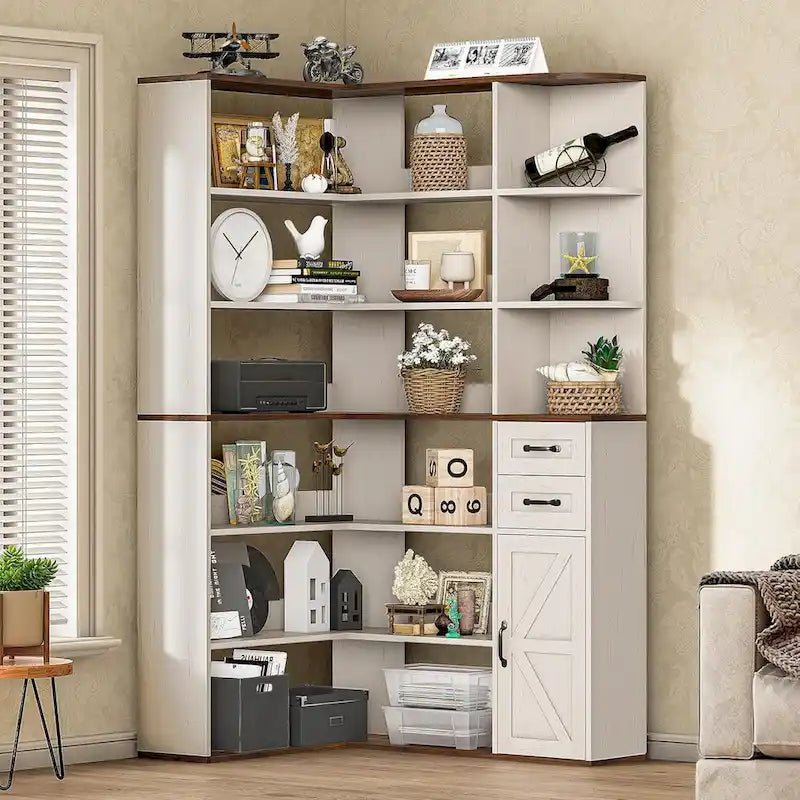 L-Shaped 7-Tier Corner Bookshelf with Cabinet and Drawers – Oak / Antique White, 1-Unit