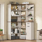L-Shaped 7-Tier Corner Bookshelf with Cabinet and Drawers – Oak / Antique White, 1-Unit