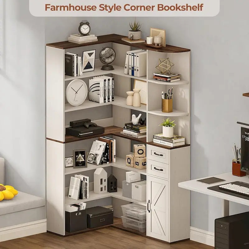 L-Shaped 7-Tier Corner Bookshelf with Cabinet and Drawers – Oak / Antique White, 1-Unit