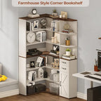 L-Shaped 7-Tier Corner Bookshelf with Cabinet and Drawers – Oak / Antique White, 1-Unit
