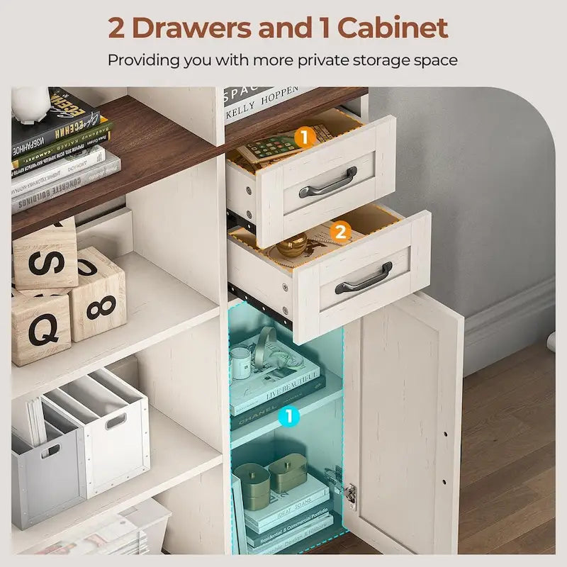 L-Shaped 7-Tier Corner Bookshelf with Cabinet and Drawers – Oak / Antique White, 1-Unit
