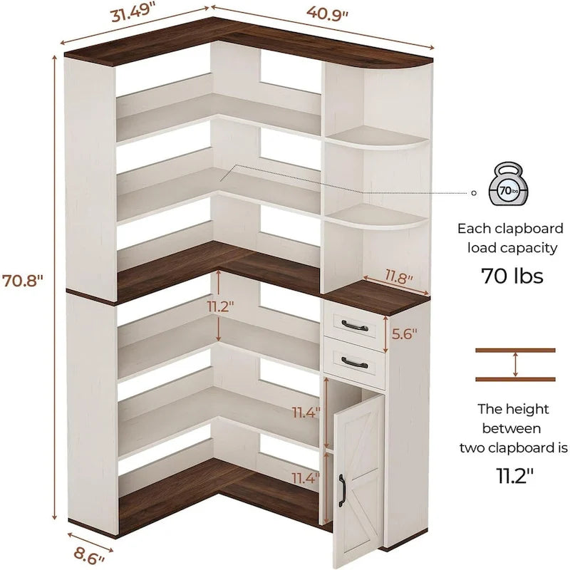 L-Shaped 7-Tier Corner Bookshelf with Cabinet and Drawers – Oak / Antique White, 1-Unit