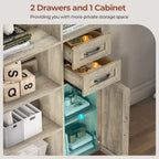 L-Shaped 7-Tier Corner Bookshelf with Cabinet and Drawers – Oak / Antique White, 1-Unit