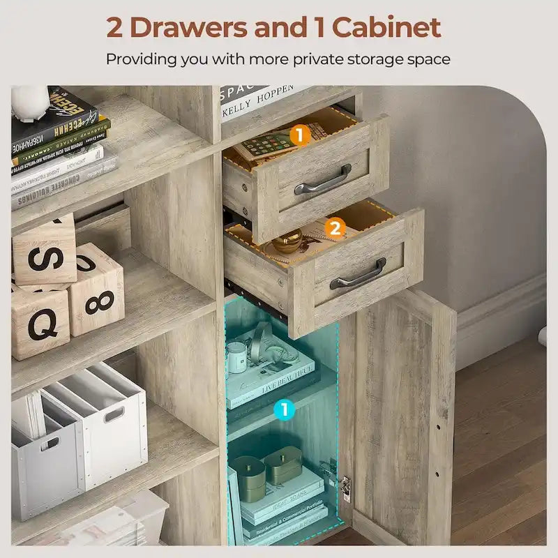 L-Shaped 7-Tier Corner Bookshelf with Cabinet and Drawers – Oak / Antique White, 1-Unit