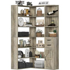 L-Shaped 7-Tier Corner Bookshelf with Cabinet and Drawers – Oak / Antique White, 1-Unit