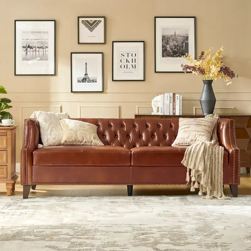 Chesterfield Genuine Leather Sofa with Button Tufting, Nailhead Trim and Solid Wood Legs – Saddle / Black / Camel, 3-Person Use