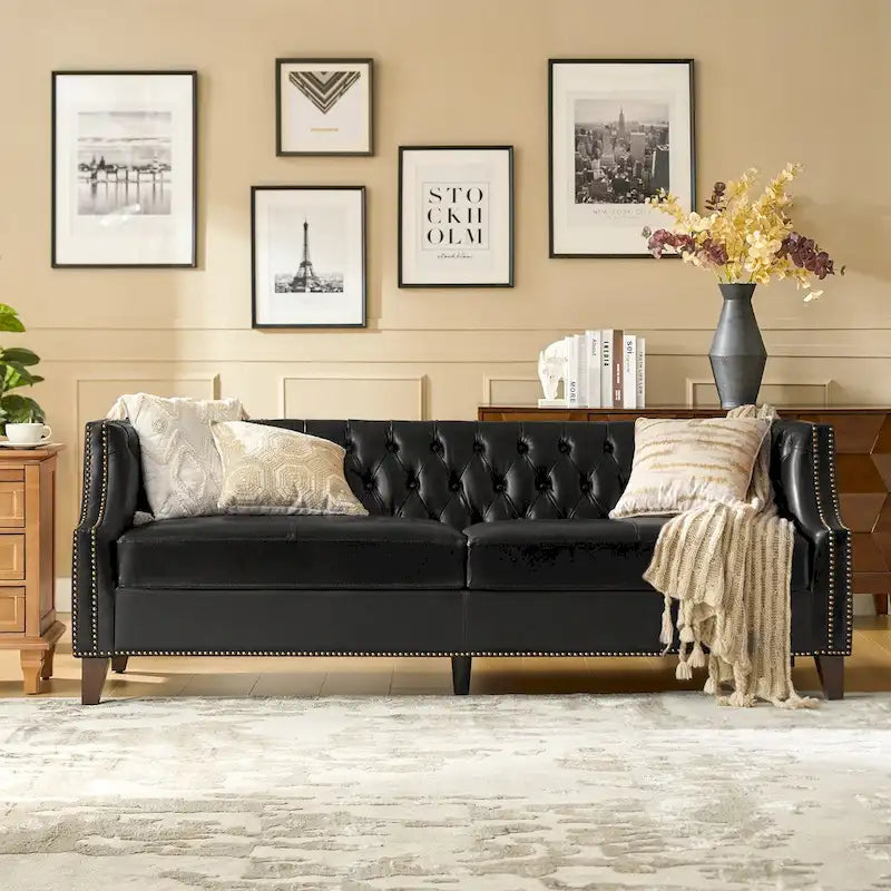 Chesterfield Genuine Leather Sofa with Button Tufting, Nailhead Trim and Solid Wood Legs – Saddle / Black / Camel, 3-Person Use