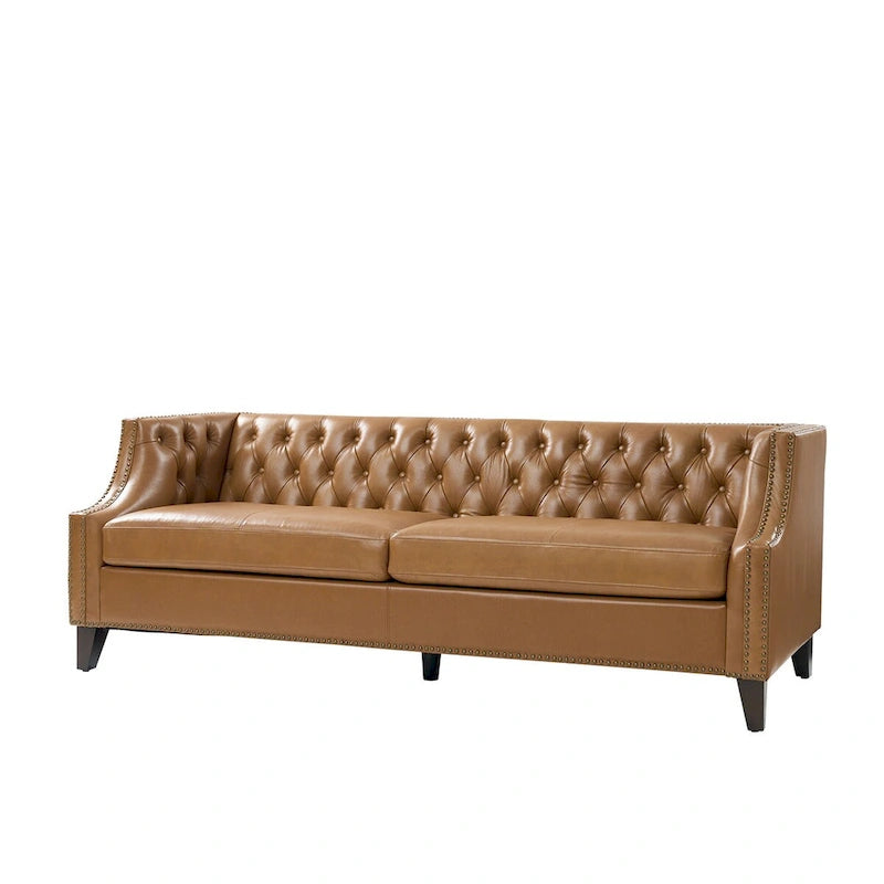 Chesterfield Genuine Leather Sofa with Button Tufting, Nailhead Trim and Solid Wood Legs – Saddle / Black / Camel, 3-Person Use