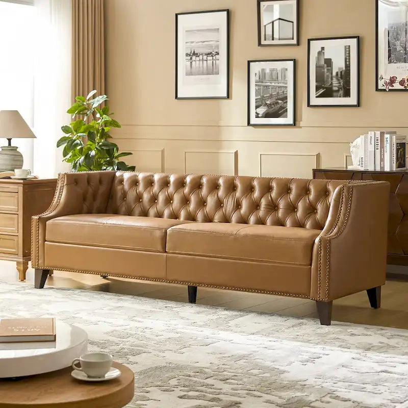 Chesterfield Genuine Leather Sofa with Button Tufting, Nailhead Trim and Solid Wood Legs – Saddle / Black / Camel, 3-Person Use