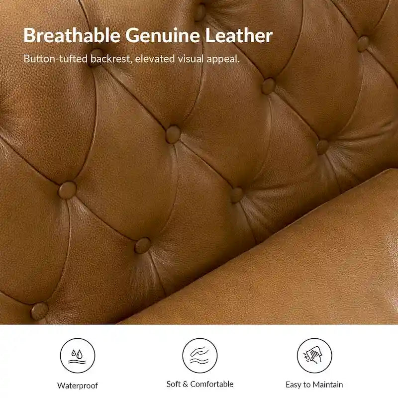 Chesterfield Genuine Leather Sofa with Button Tufting, Nailhead Trim and Solid Wood Legs – Saddle / Black / Camel, 3-Person Use