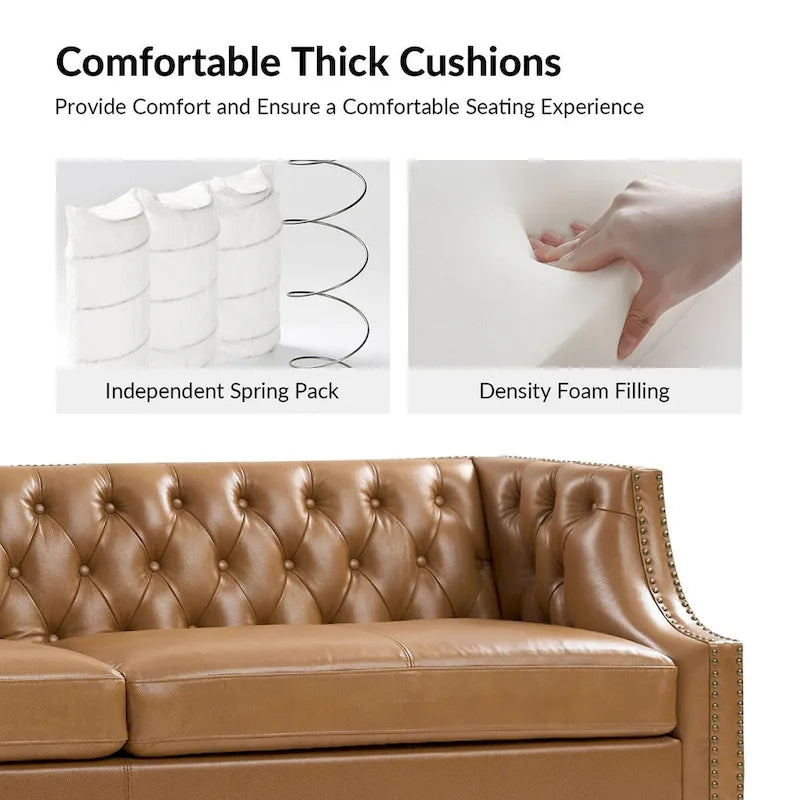 Chesterfield Genuine Leather Sofa with Button Tufting, Nailhead Trim and Solid Wood Legs – Saddle / Black / Camel, 3-Person Use