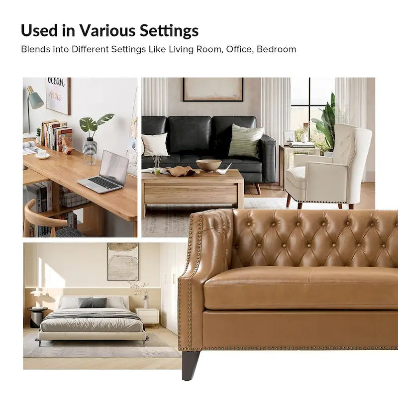 Chesterfield Genuine Leather Sofa with Button Tufting, Nailhead Trim and Solid Wood Legs – Saddle / Black / Camel, 3-Person Use