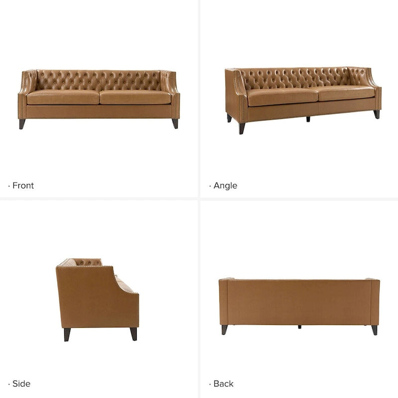 Chesterfield Genuine Leather Sofa with Button Tufting, Nailhead Trim and Solid Wood Legs – Saddle / Black / Camel, 3-Person Use
