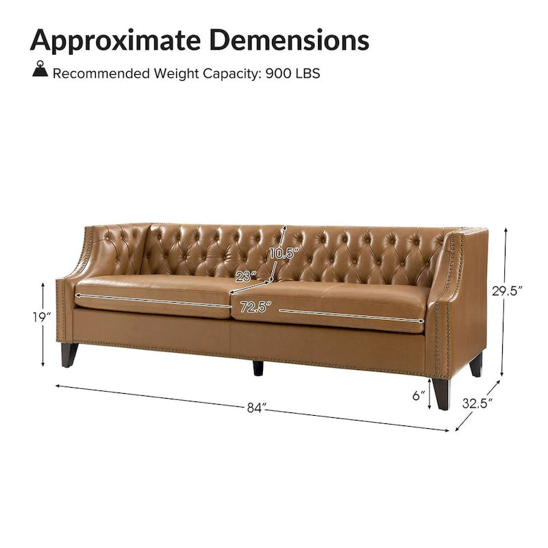 Chesterfield Genuine Leather Sofa with Button Tufting, Nailhead Trim and Solid Wood Legs – Saddle / Black / Camel, 3-Person Use