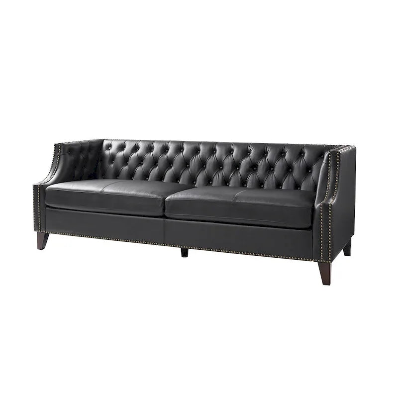Chesterfield Genuine Leather Sofa with Button Tufting, Nailhead Trim and Solid Wood Legs – Saddle / Black / Camel, 3-Person Use