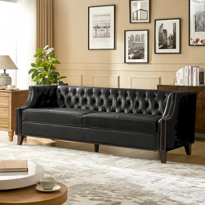Chesterfield Genuine Leather Sofa with Button Tufting, Nailhead Trim and Solid Wood Legs – Saddle / Black / Camel, 3-Person Use