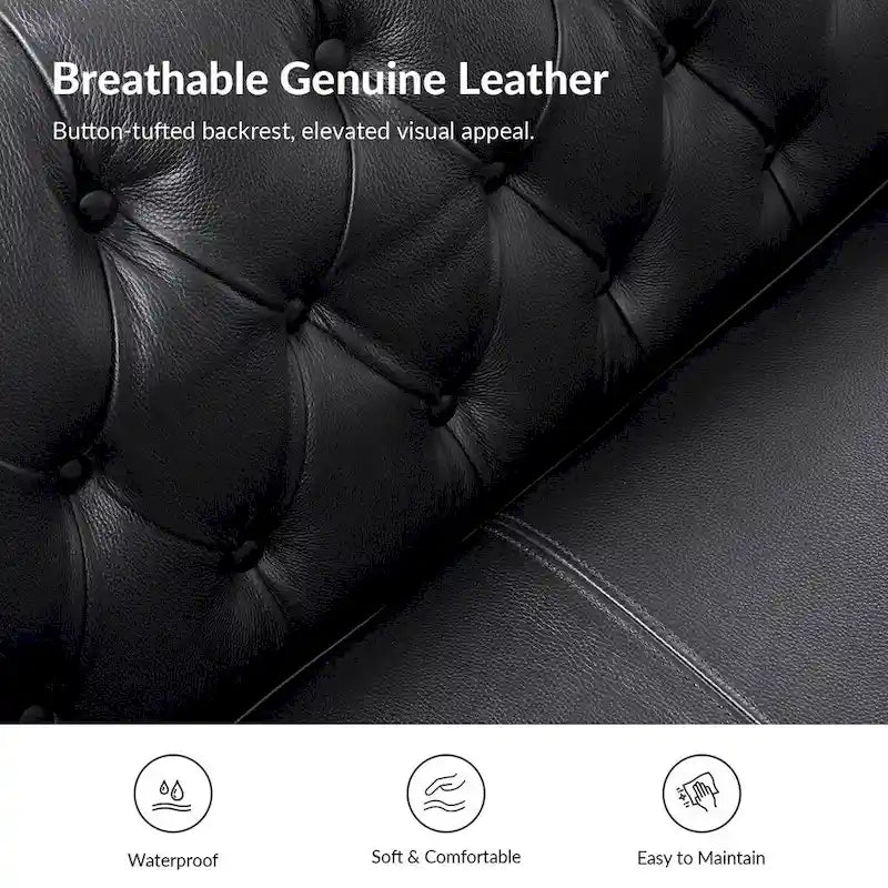 Chesterfield Genuine Leather Sofa with Button Tufting, Nailhead Trim and Solid Wood Legs – Saddle / Black / Camel, 3-Person Use