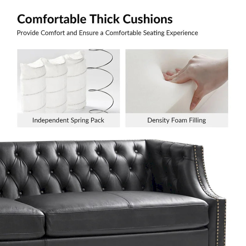 Chesterfield Genuine Leather Sofa with Button Tufting, Nailhead Trim and Solid Wood Legs – Saddle / Black / Camel, 3-Person Use