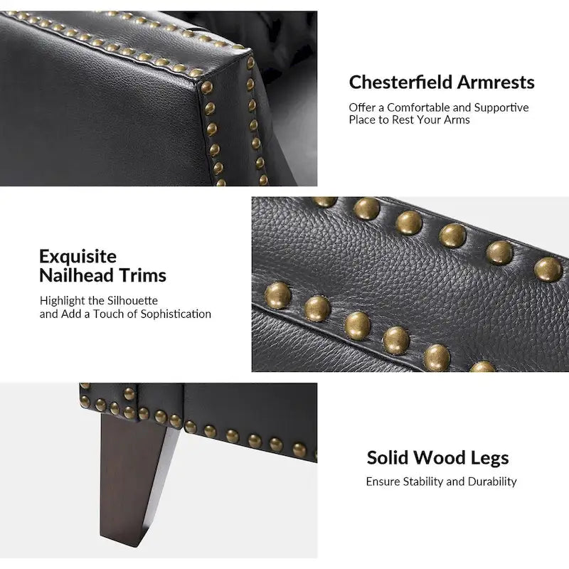 Chesterfield Genuine Leather Sofa with Button Tufting, Nailhead Trim and Solid Wood Legs – Saddle / Black / Camel, 3-Person Use