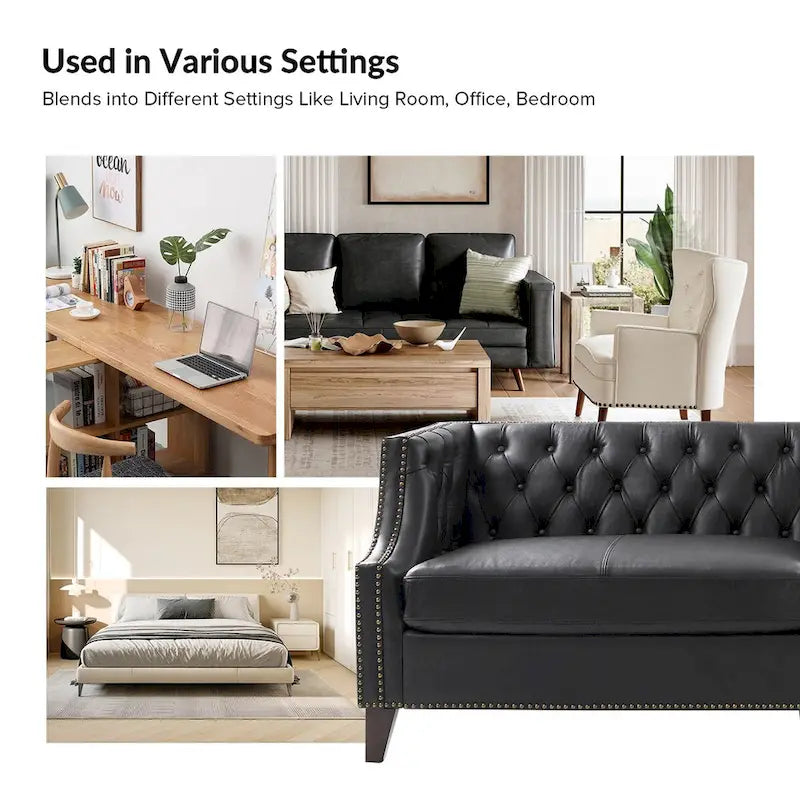 Chesterfield Genuine Leather Sofa with Button Tufting, Nailhead Trim and Solid Wood Legs – Saddle / Black / Camel, 3-Person Use
