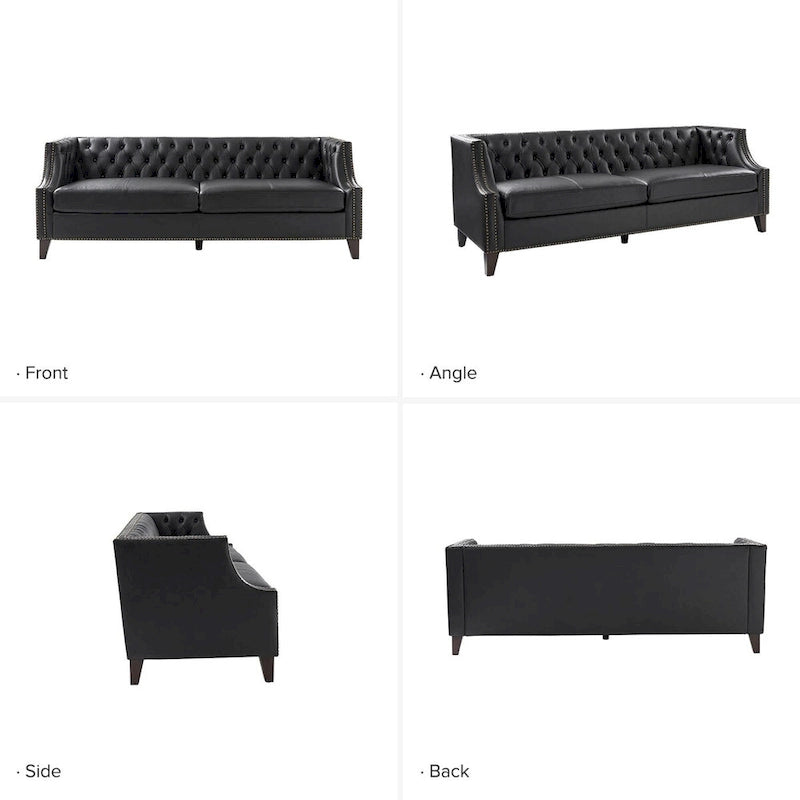 Chesterfield Genuine Leather Sofa with Button Tufting, Nailhead Trim and Solid Wood Legs – Saddle / Black / Camel, 3-Person Use