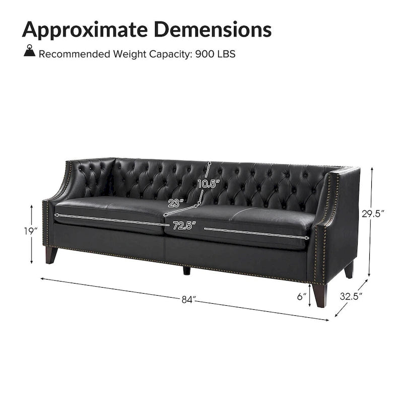 Chesterfield Genuine Leather Sofa with Button Tufting, Nailhead Trim and Solid Wood Legs – Saddle / Black / Camel, 3-Person Use