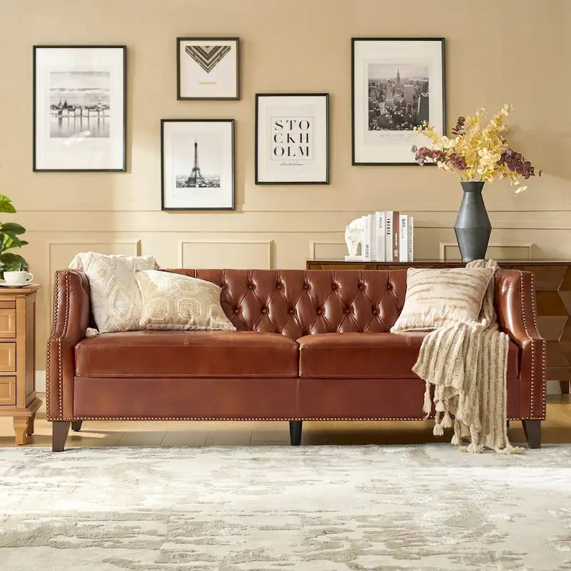 Chesterfield Genuine Leather Sofa with Button Tufting, Nailhead Trim and Solid Wood Legs – Saddle / Black / Camel, 3-Person Use