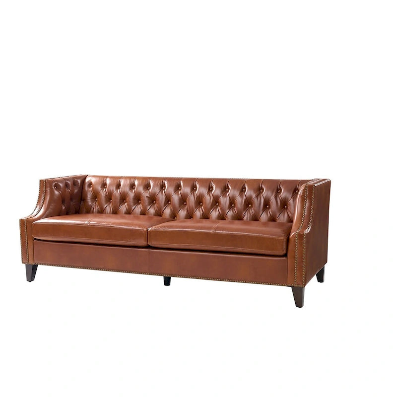Chesterfield Genuine Leather Sofa with Button Tufting, Nailhead Trim and Solid Wood Legs – Saddle / Black / Camel, 3-Person Use
