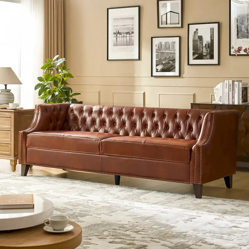 Chesterfield Genuine Leather Sofa with Button Tufting, Nailhead Trim and Solid Wood Legs – Saddle / Black / Camel, 3-Person Use