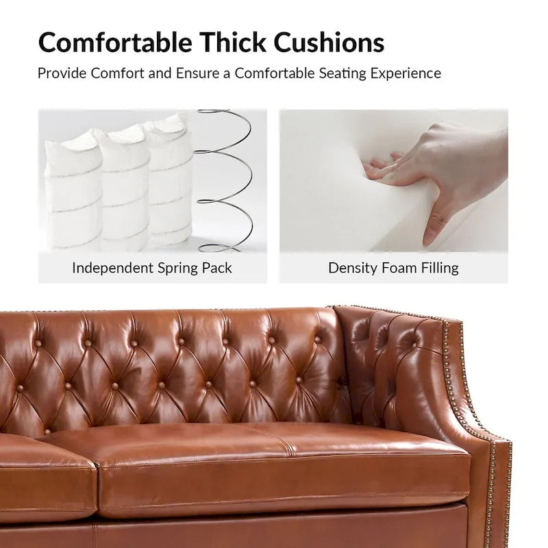 Chesterfield Genuine Leather Sofa with Button Tufting, Nailhead Trim and Solid Wood Legs – Saddle / Black / Camel, 3-Person Use