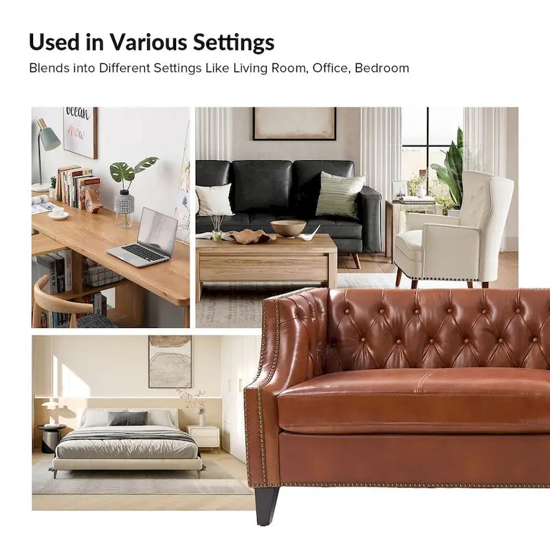 Chesterfield Genuine Leather Sofa with Button Tufting, Nailhead Trim and Solid Wood Legs – Saddle / Black / Camel, 3-Person Use