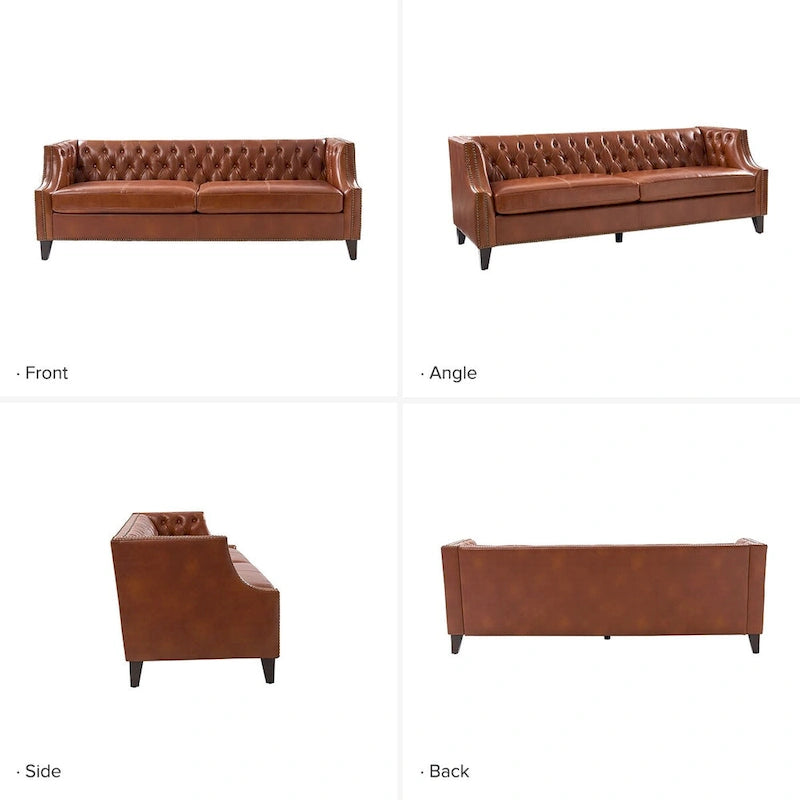 Chesterfield Genuine Leather Sofa with Button Tufting, Nailhead Trim and Solid Wood Legs – Saddle / Black / Camel, 3-Person Use