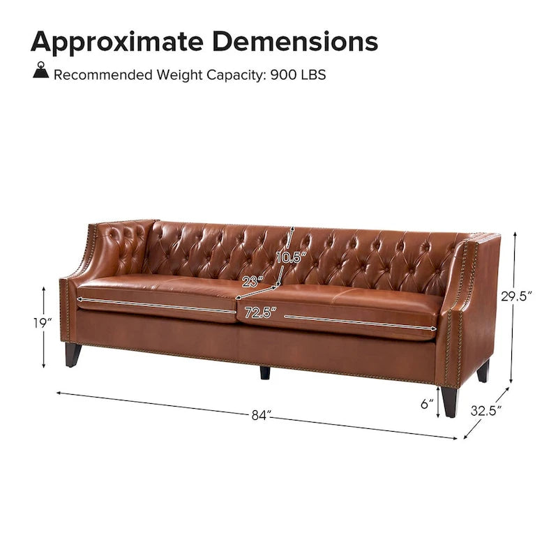 Chesterfield Genuine Leather Sofa with Button Tufting, Nailhead Trim and Solid Wood Legs – Saddle / Black / Camel, 3-Person Use